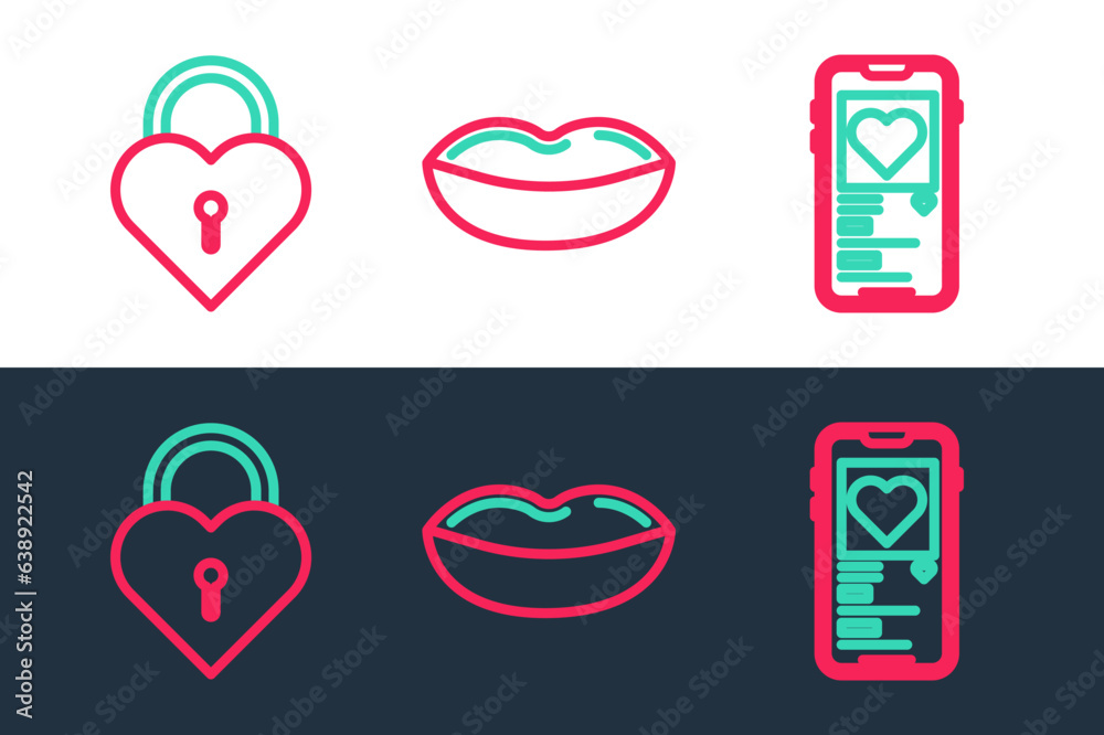 Wall mural set line mobile with heart, castle in the shape of and smiling lips icon. vector