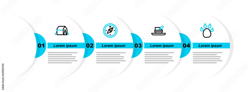 Sticker Set line Paw print, Hunter hat with feather, Compass and Tourist tent icon. Vector