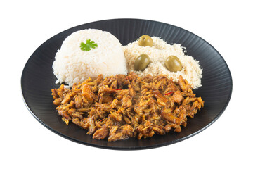 Plate of food with crustacean. Catato de crab, rice and farofa. png transparent background