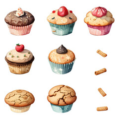 watercolor vintage style set of muffin cupcakes with cream