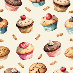 seamless pattern set of  muffin cupcakes with vintage watercolor cartoon style illustration