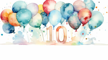 Watercolor 10th birthday clip art with 10 figures and balloons isolated on white background
