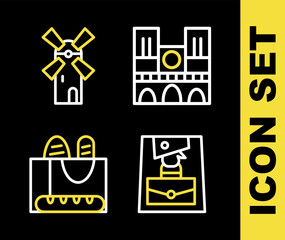 Set line Notre Dame, Handbag, French baguette bread and Windmill icon. Vector