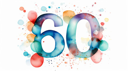 Watercolor 60th birthday clip art with 60 figures and balloons isolated on white background