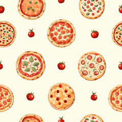 Fototapeta na wymiar seamless pattern pizzas with tomatoes with a vintage watercolor style illustration