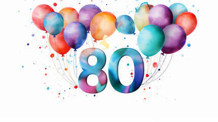 Watercolor 80th birthday clip art with 80 figures and balloons isolated on white background