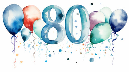 Watercolor 80th birthday clip art with 80 figures and balloons isolated on white background