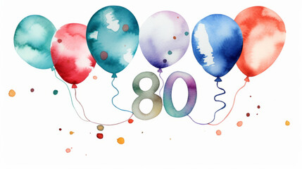 Watercolor 80th birthday clip art with 80 figures and balloons isolated on white background