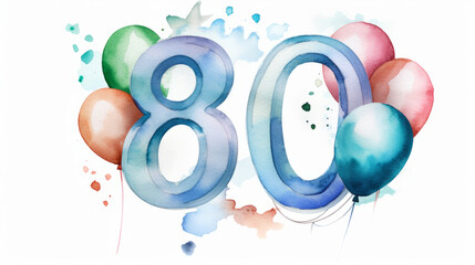 Watercolor 80th birthday clip art with 80 figures and balloons isolated on white background
