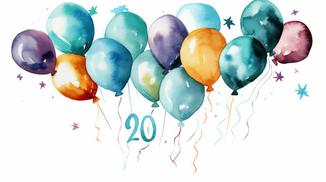 Watercolor 20th Birthday Clip Art With 20 Figures And Balloons Isolated On White Background