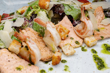 Appetizing salad of seafood and salad, Close up