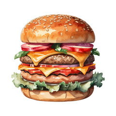 a big size double beef cheese burger with a watercolor vintage style illustration