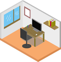 Isometric work room with a computer on a wooden table. With a bookshelf on the wall and a dark chair in the room. Conceptual office interior design in vector illustration EPS 10