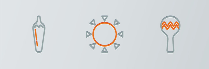 Set line Maracas, Hot chili pepper pod and Sun icon. Vector