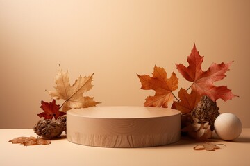 A background podium with maple leaf laying on top of a wooden box created with Generative AI technology