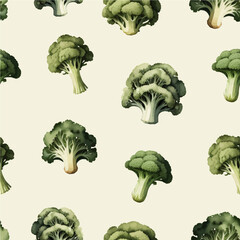 seamless pattern of broccoli vegetables with vintage watercolor cartoon style illustration