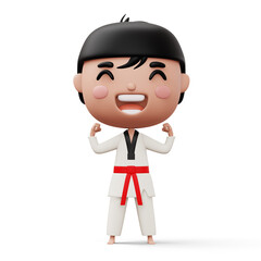 Happy child taekwondo, fighter boy wear taekwondo uniform, kid character, 3d rendering