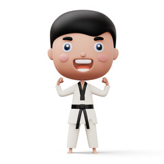 Happy child taekwondo, fighter boy wear taekwondo uniform, kid character, 3d rendering