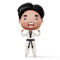 Happy child taekwondo, fighter boy wear taekwondo uniform, kid character, 3d rendering