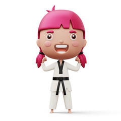 Happy child taekwondo, fighter girl wear taekwondo uniform, kid character, 3d rendering