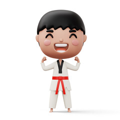 Happy child taekwondo, fighter boy wear taekwondo uniform, kid character, 3d rendering