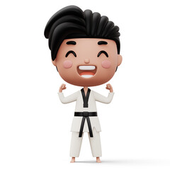 Happy child taekwondo, fighter boy wear taekwondo uniform, kid character, 3d rendering