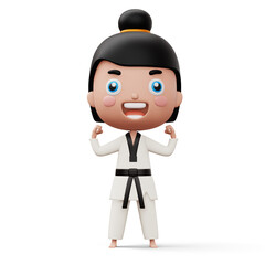 Happy child taekwondo, fighter girl wear taekwondo uniform, kid character, 3d rendering