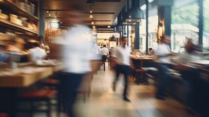 Blurred customers walking fast move ment in coffee shop or cafe restaurant, light cream, Blurred restaurant background with some people and chefs and waiters working