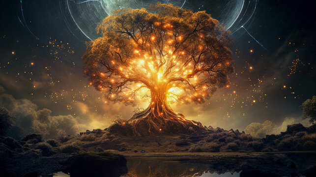 Yggdrasil Tree Of Life. Fantasy Giant Tree. Viking World Tree Of Celtic World. Generative AI