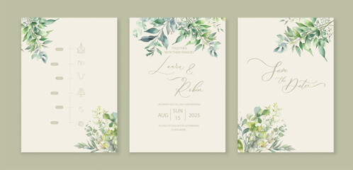 Fototapeta na wymiar Luxury wedding invitation card background with green watercolor botanical leaves. Abstract floral art background vector design for wedding and vip cover template.