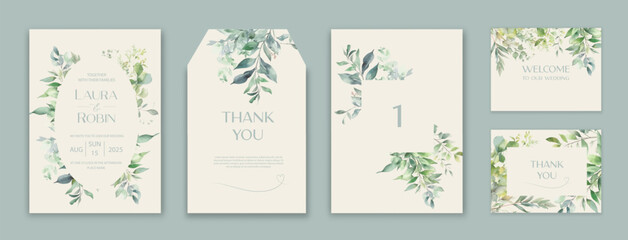 Luxury wedding invitation card background with green watercolor botanical leaves. Abstract floral art background vector design for wedding and vip cover template.