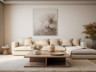 Inviting beige living room featuring neutral tones. AI Generative.