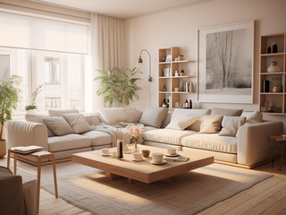 Elegant beige living room with tasteful accents. AI Generative.