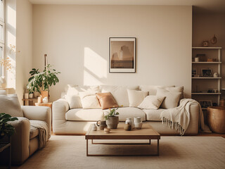 Sophisticated beige living room featuring warmth. AI Generative.