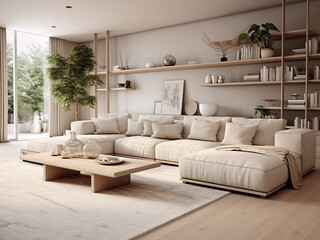 Inviting beige living room with earthy tones. AI Generative.
