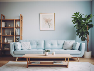 Timeless blue living room offering a serene ambiance. AI Generative.