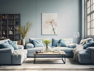 Bright and airy blue living room space. AI Generative.