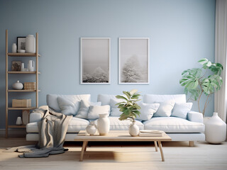 Blue living room exuding a soothing vibe. AI Generative.