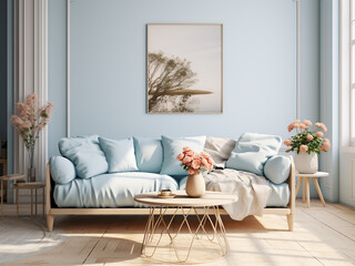 Welcoming blue living room with calming elements. AI Generative.