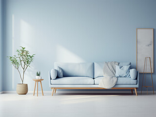 Cozy blue living room complemented by soft lighting. AI Generative.