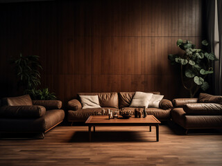 Dark wood living room with a touch of modernity. AI Generative.