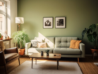 Cozy green living room interior with natural decor. AI Generative.