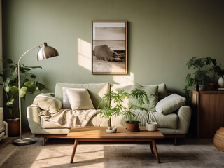 Inviting green living room boasting natural charm. AI Generative.