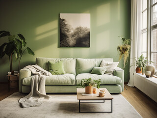 Bright and airy green living room space. AI Generative.