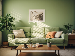 Elegant green living room featuring earthy tones. AI Generative.