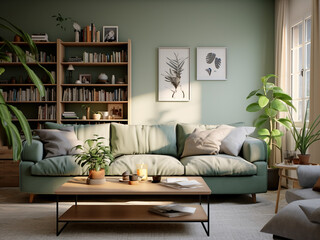 Subtle elegance in a green living room design. AI Generative.
