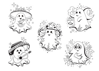 Set of hand drawn cartoon cute ghosts for Halloween. Black and white drawing for coloring book doodle style. Isolated design element on white background. Vector illustration. 