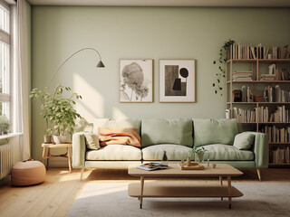 Bright green living room interior with a relaxed feel. AI Generative.
