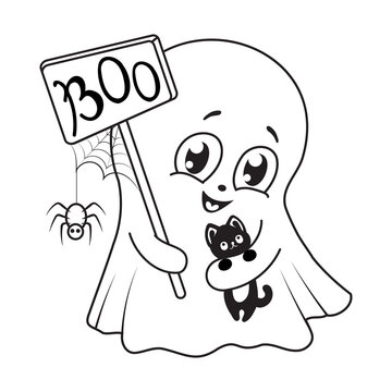 Black and white drawing cute cartoon Halloween ghost with black cat spider and spider web. Isolated element on white background. Design for print, greeting card, print, poster, social media post. 
