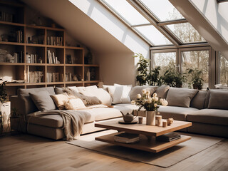 Light wood living room showcasing wooden furniture. AI Generative.